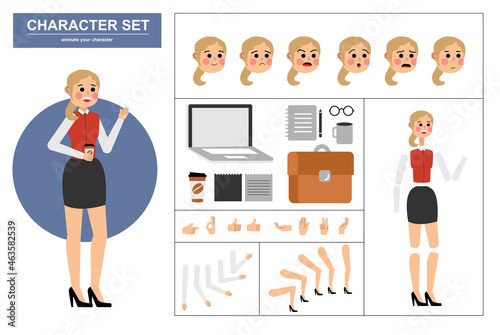 3\4 view animated characters. Office woman character constructor with various views, face emotions, poses, gestures and office tools. Cartoon style, flat vector illustration