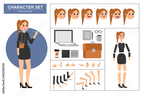 3\4 view animated characters. Office woman character constructor with various views, face emotions, poses, gestures and office tools. Cartoon style, flat vector illustration