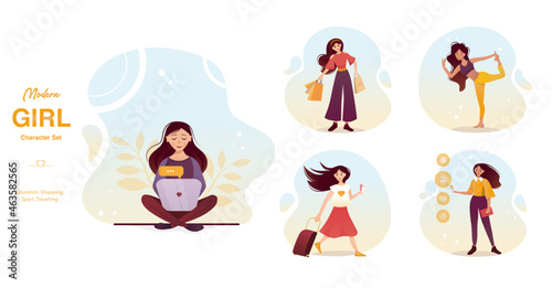 Set of modern girls with long hair. Girls work, study, go shopping, play sports. Vector illustration 