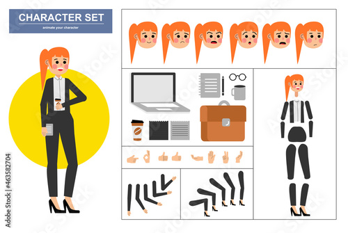 3\4 view animated characters. Office woman character constructor with various views, face emotions, poses, gestures and office tools. Cartoon style, flat vector illustration