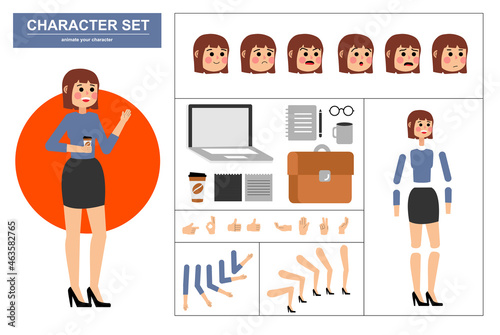 3\4 view animated characters. Office woman character constructor with various views, face emotions, poses, gestures and office tools. Cartoon style, flat vector illustration