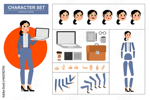 3\4 view animated characters. Office woman character constructor with various views, face emotions, poses, gestures and office tools. Cartoon style, flat vector illustration