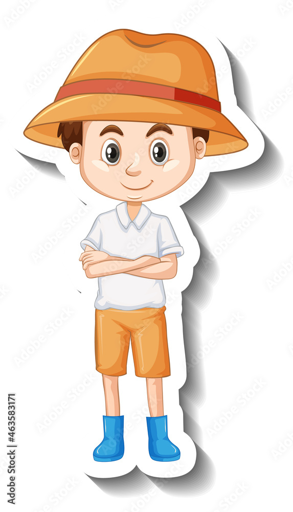 A boy wears hat and boots cartoon character sticker
