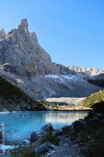 Lake Sorapis with the mountain the Finger of God in the background, Dolomites, Italy