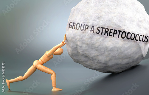 Depiction of Group a streptococcus  shown a wooden model pushing heavy weight to symbolize struggle and pain when dealing with Group a streptococcus , 3d illustration photo