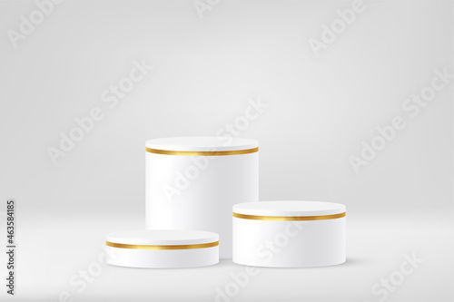 3d podium platform cylinders with gold line border on edge, white pedestal stage mockup