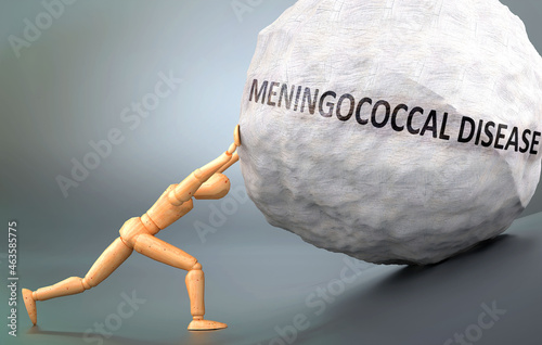 Depiction of Meningococcal disease shown a wooden model pushing heavy weight to symbolize struggle and pain when dealing with Meningococcal disease, 3d illustration photo