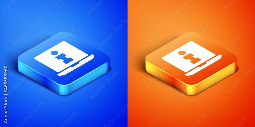 Isometric Information icon isolated on blue and orange background. Square button. Vector Isometric Information icon isolated on blue and orange background. Square button. Vector