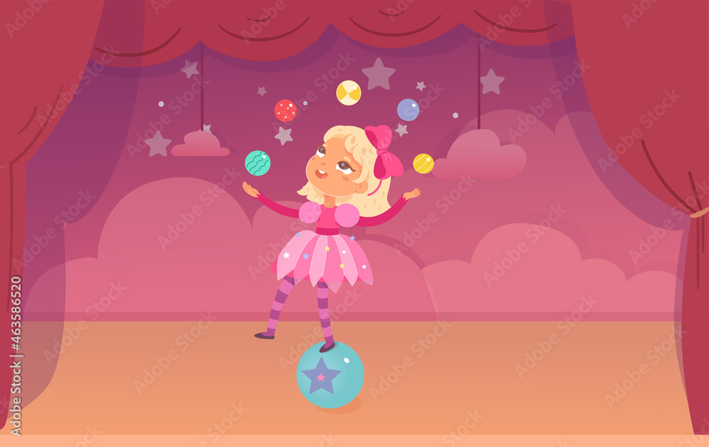 Circus juggler kid character performing acrobatic fun show, acrobat balancer juggling Circus juggler kid character performing acrobatic fun show, acrobat balancer juggling