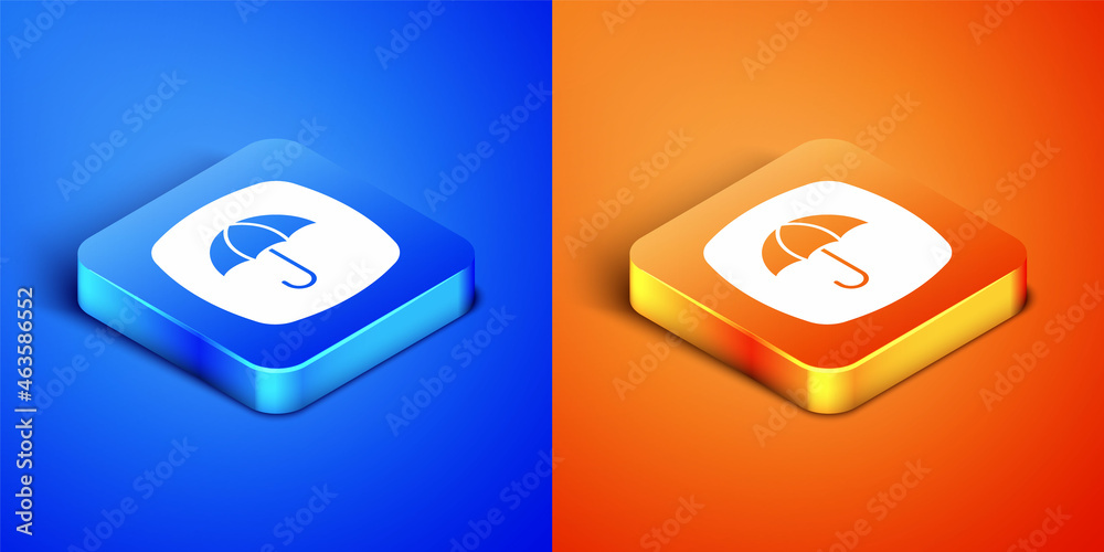 Isometric Delivery package with umbrella symbol icon isolated on blue and orange background. Parcel cardboard box with umbrella sign. Logistic and delivery. Square button. Vector Isometric Delivery package with umbrella symbol icon isolated on blue and orange background. Parcel cardboard box with umbrella sign. Logistic and delivery. Square button. Vector