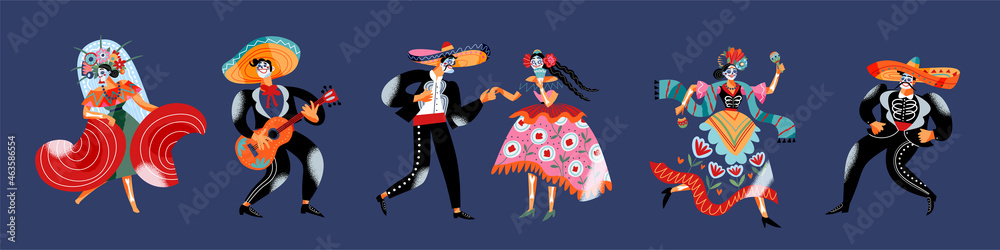 Day of dead, mexican carnival holiday, music dance party, dancers with death tattoo - obrazy, fototapety, plakaty 