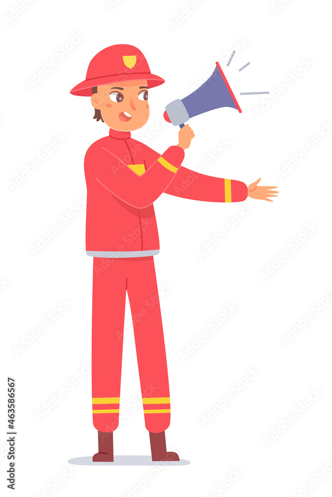 Fireman announcing fire alarm in megaphone, man wearing red firefighter costume Fireman announcing fire alarm in megaphone, man wearing red firefighter costume