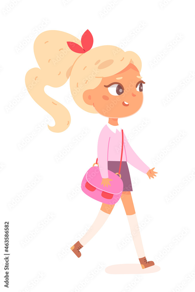 Cute girl walking with schoolbag, back to school and study concept with little schoolgirl Cute girl walking with schoolbag, back to school and study concept with little schoolgirl