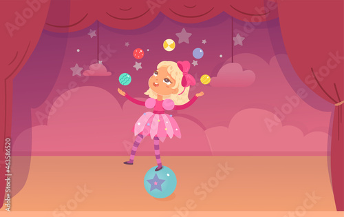 Circus juggler kid character performing acrobatic fun show, acrobat balancer juggling