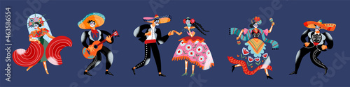 Day of dead, mexican carnival holiday, music dance party, dancers with death tattoo