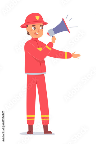 Fireman announcing fire alarm in megaphone, man wearing red firefighter costume