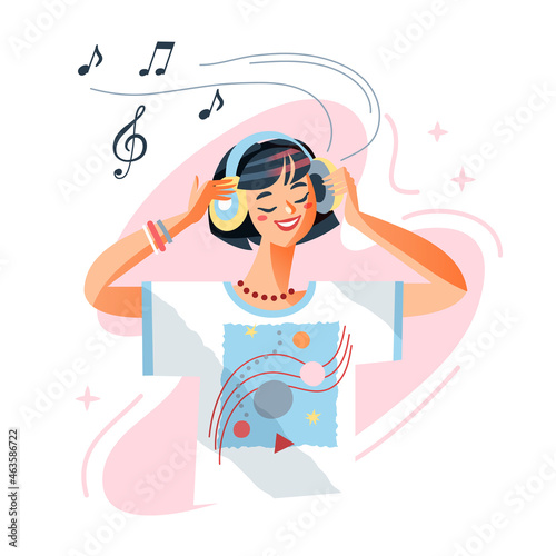 Girl listening music to relax, using earphone to listen relaxing music with closed eyes