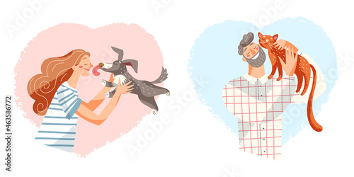 People pet owners love, hug and embrace cat and dog set, man woman holding animal in hand