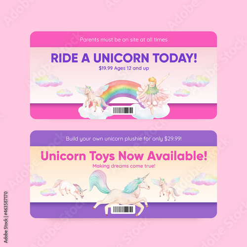 Voucher template with unicorn concept,watercolor style
