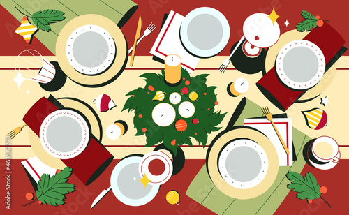 Christmas table top view with plates and decorated cutlery flat vector illustration. Red tablecloth with holiday dishes, napkins, candles, candlestick and xmas spruce wreath of fir branches.