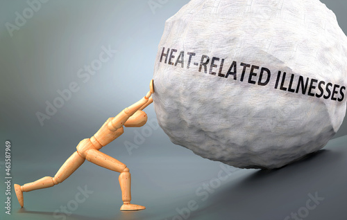 Depiction of Heat related illnesses  shown a wooden model pushing heavy weight to symbolize struggle and pain when dealing with Heat related illnesses , 3d illustration