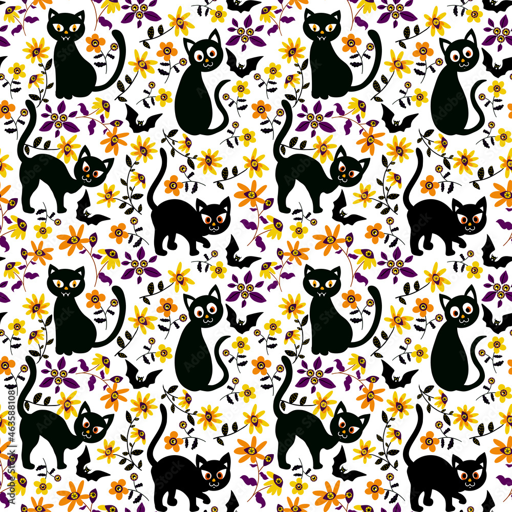 Halloween pattern with black cat and flowers Halloween pattern with black cat and flowers