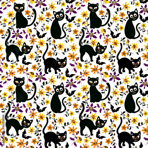 Photography Halloween pattern with black cat and flowers