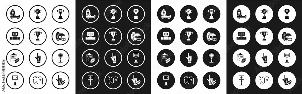 Set Award cup and American football ball, on tv program stand, Soccer or shoes with spikes, Football helmet, Bright stadium lights and Planning strategy concept icon. Vector