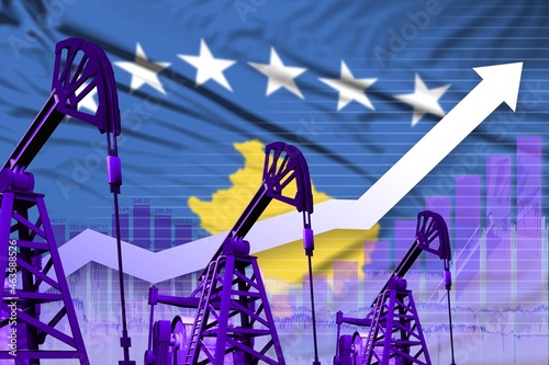 rising up chart on Kosovo flag background - industrial illustration of Kosovo oil industry or market concept. 3D Illustration