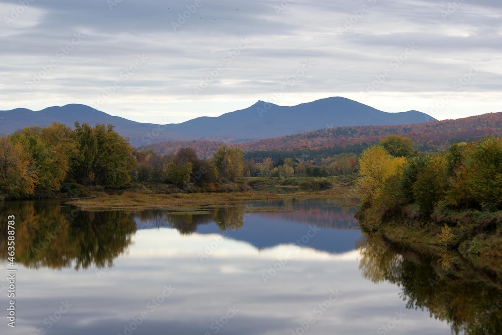 Sunrise over the Missiquoi River and Jay Peak in Vermont