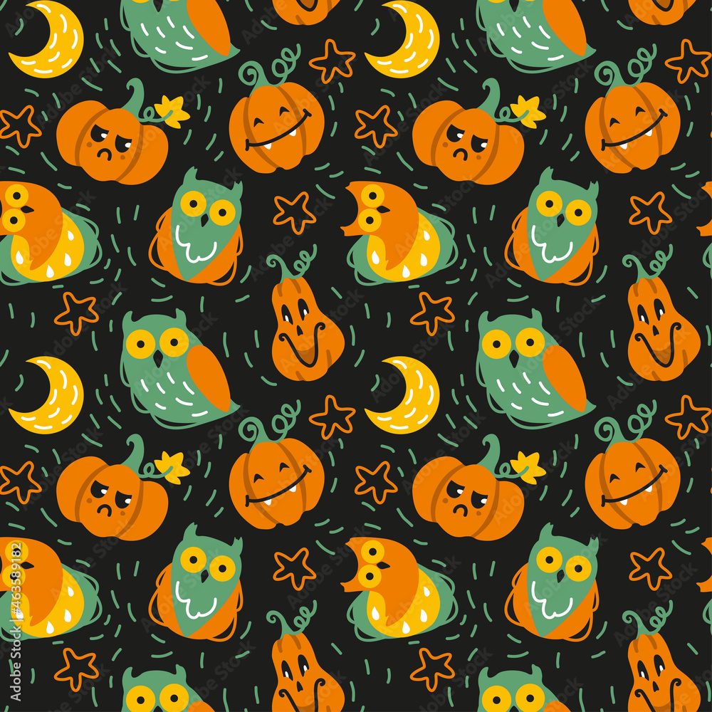 Halloween pattern for fabric, wrapping, textile, wallpaper, apparel. Smiling pumpkin, owls, moon, night.  Kids illustration. Autumn season. Vector.