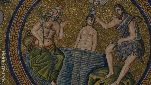 Ravenna, Italy, JUNE ,5, 2016. Forward view of central theme of mosaic of Arian Baptistery.