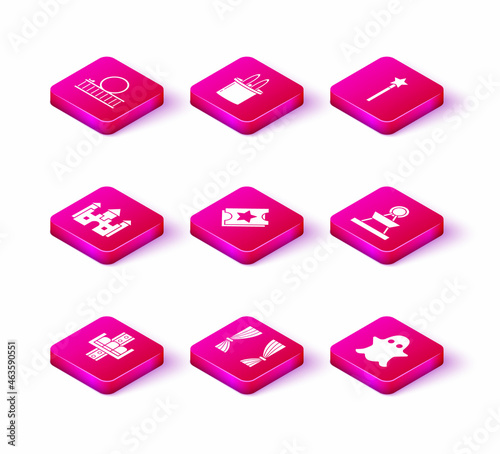 Set Attraction carousel, Curtain, Castle, Ticket, Ghost, Magic wand and Magician hat rabbit ears icon. Vector