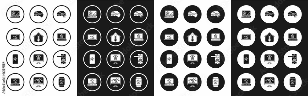 Set Smart house and alarm, House temperature, Laptop with smart, home wi-fi, under protection, Digital door lock wireless technology for unlock and Mobile phone icon. Vector Set Smart house and alarm, House temperature, Laptop with smart, home wi-fi, under protection, Digital door lock wireless technology for unlock and Mobile phone icon. Vector
