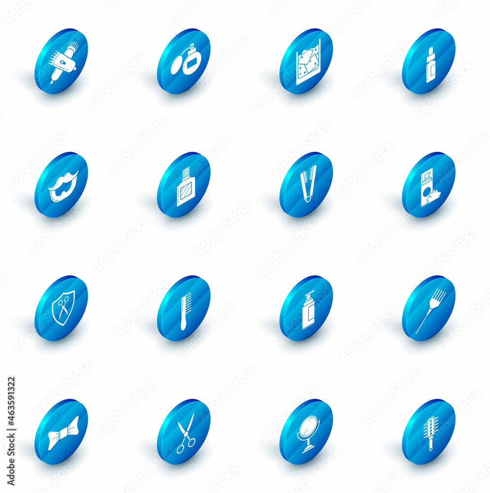 Set Aftershave, Glass of whiskey and ice cubes, bottle with pipette, Mustache beard, Scissors hairdresser shield, Shaving gel foam and Curling iron for icon. Vector Set Aftershave, Glass of whiskey and ice cubes, bottle with pipette, Mustache beard, Scissors hairdresser shield, Shaving gel foam and Curling iron for icon. Vector