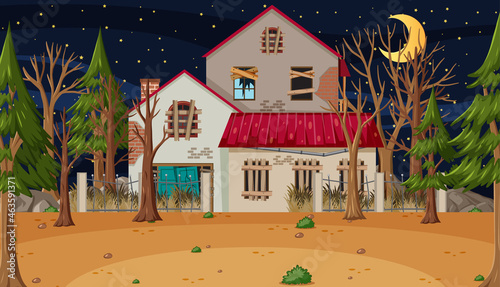 Scene with abandoned house in the dark forest