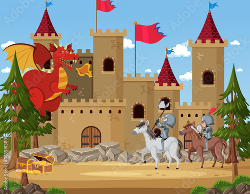 Knights fight with dragon at the castle