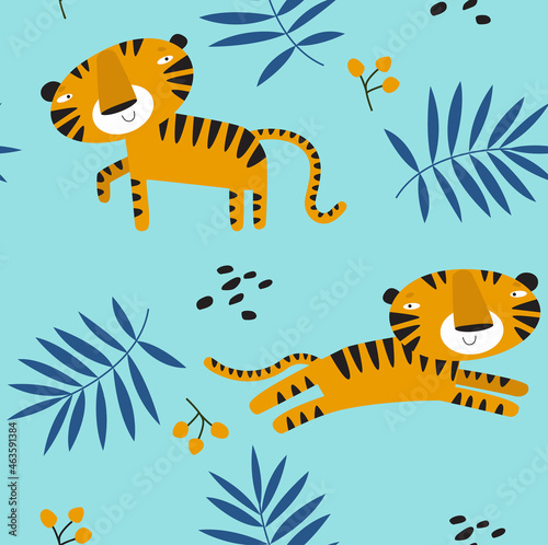 Seamless tropical background with tiger. Cartoon tiger. African animal. Fabric for children. Safari. Summer blue background.