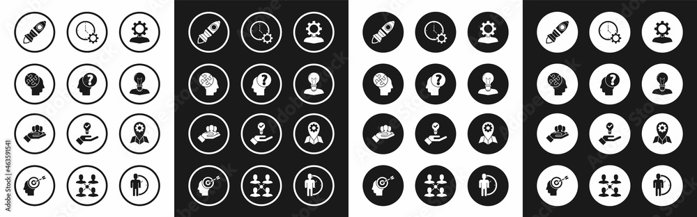 Set Human with gear inside, head question mark, puzzles strategy, Rocket ship fire, lamp bulb, Time Management, Location job and Project team base icon. Vector