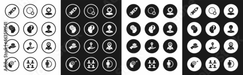 Set Human with gear inside, head question mark, puzzles strategy, Rocket ship fire, lamp bulb, Time Management, Location job and Project team base icon. Vector
