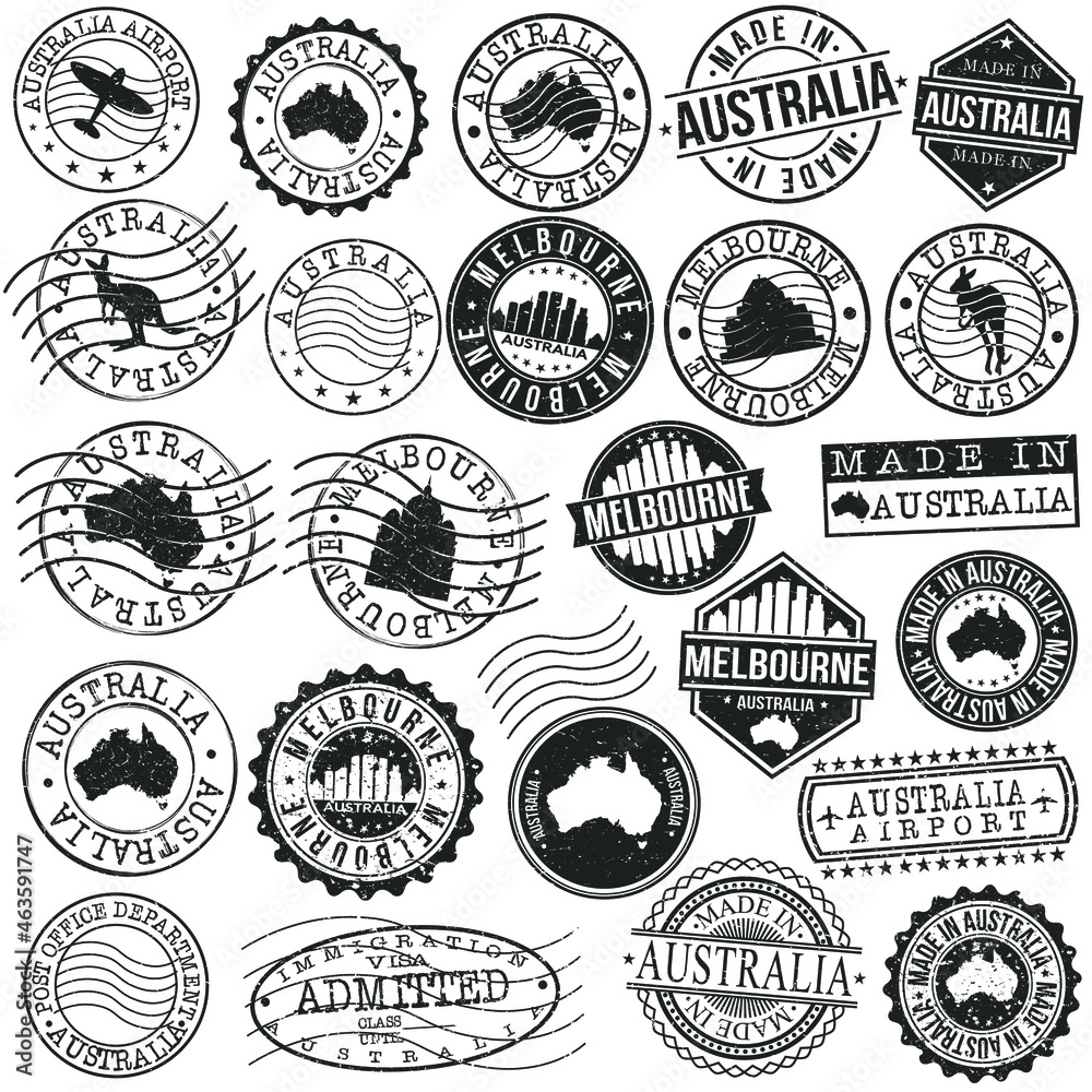 Melbourne VIC, Australia Set of Stamp. Vector Art Postal Passport Travel Design. Travel and Business Seals.