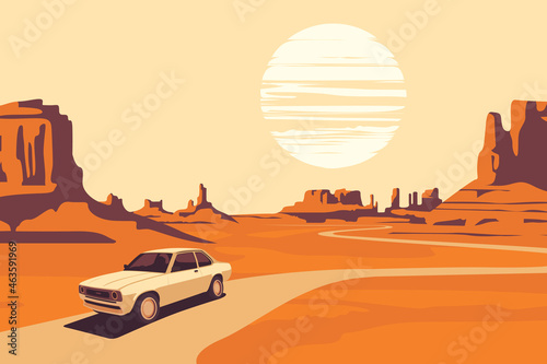 Hot summer landscape with deserted valley, mountains, winding road and single passing car. Western scenic illustration in orange and beige colors. Decorative vector background, Wild West prairie
