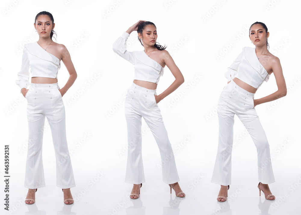 Collage Group Full length Figure snap of 20s Asian Woman black hair wear business white dress Collage Group Full length Figure snap of 20s Asian Woman black hair wear business white dress