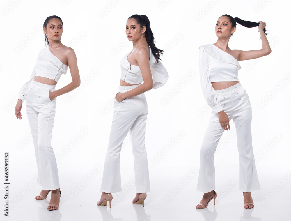 Collage Group Full length Figure snap of 20s Asian Woman black hair wear business white dress Collage Group Full length Figure snap of 20s Asian Woman black hair wear business white dress