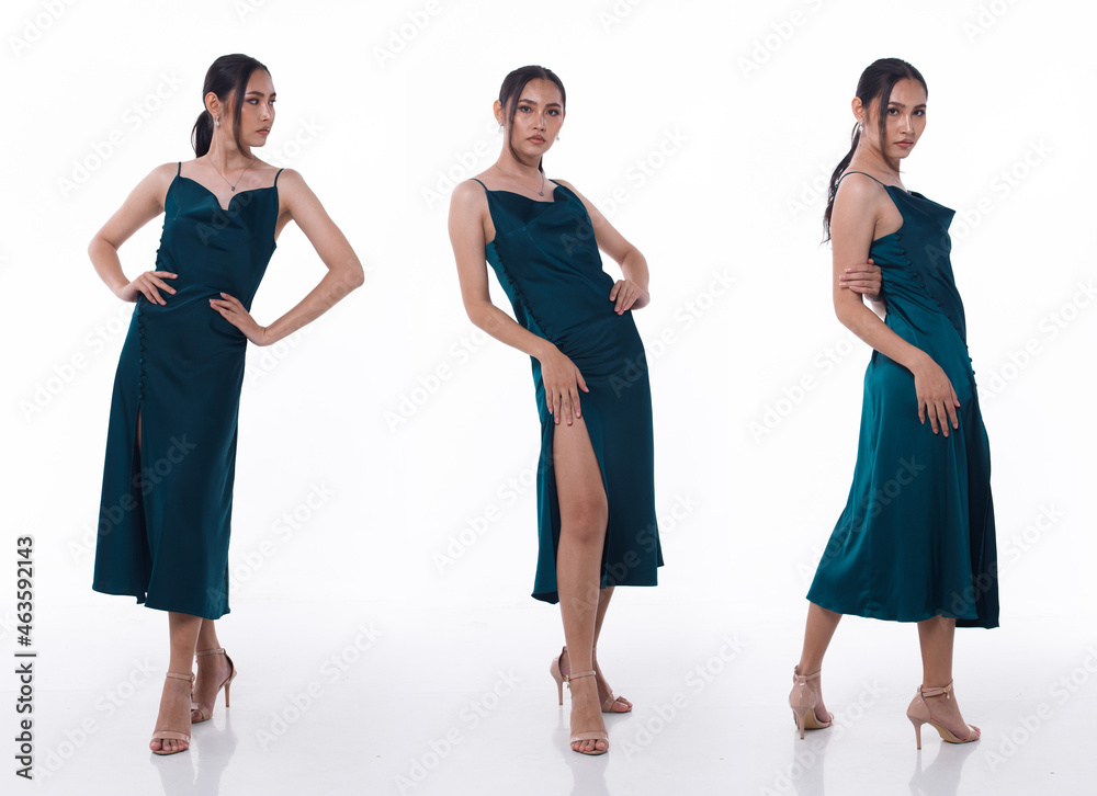 Collage Group Full length Figure snap of 20s Asian Woman black hair wear green bed dress and shoes Collage Group Full length Figure snap of 20s Asian Woman black hair wear green bed dress and shoes