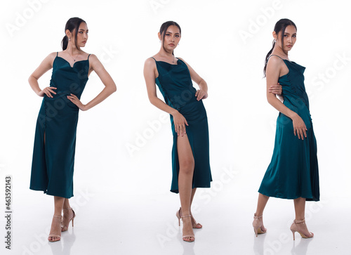 Collage Group Full length Figure snap of 20s Asian Woman black hair wear green bed dress and shoes