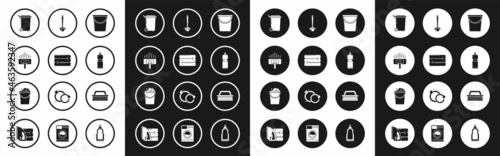 Set Bucket, Towel stack, Vacuum cleaner, Trash can, Plastic bottles for liquid dishwashing liquid, Toilet brush, Brush cleaning and with foam and bubbles icon. Vector