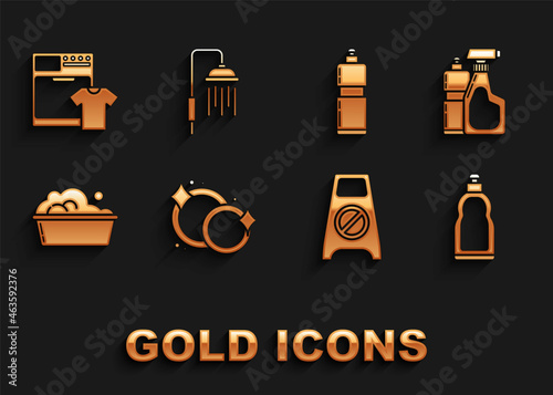 Set Washing dishes, Plastic bottles for liquid dishwashing liquid, Wet floor and cleaning progress, basin with soap suds, Washer t-shirt and Shower head water drops flowing icon. Vector