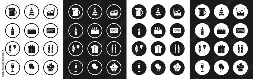 Set Glass of whiskey and ice cubes, Beer bottle, Wooden beer mug, Retro audio cassette tape, Wine glasses stacked pyramid tower, Birthday cake candles and Lollipop icon. Vector Set Glass of whiskey and ice cubes, Beer bottle, Wooden beer mug, Retro audio cassette tape, Wine glasses stacked pyramid tower, Birthday cake candles and Lollipop icon. Vector