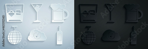 Set Music streaming service, Wooden beer mug, Disco ball, Bottle of wine, Martini glass and Glass whiskey and cubes icon. Vector
